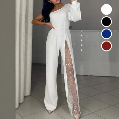 ✨👠Women's One Shoulder Glitter Mesh Flared🖤 Jumpsuit Fashion Party Essential, Sparkle and Shine, Capture Attention!