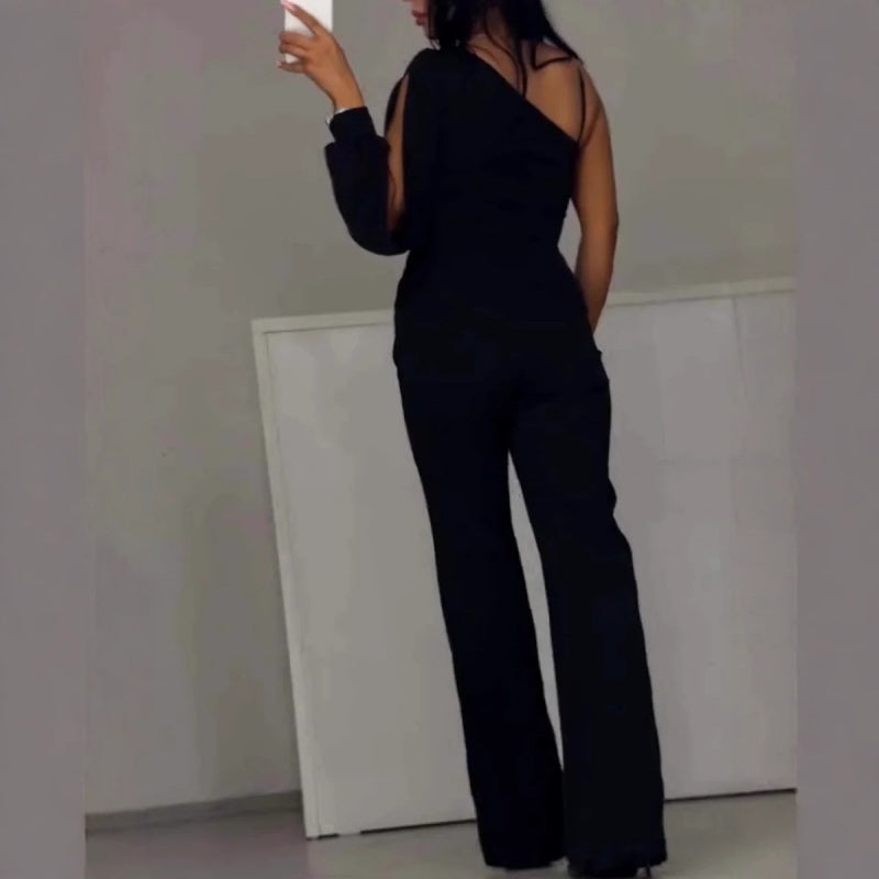 ✨👠Women's One Shoulder Glitter Mesh Flared🖤 Jumpsuit Fashion Party Essential, Sparkle and Shine, Capture Attention!