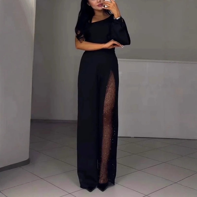 ✨👠Women's One Shoulder Glitter Mesh Flared🖤 Jumpsuit Fashion Party Essential, Sparkle and Shine, Capture Attention!