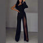 ✨👠Women's One Shoulder Glitter Mesh Flared🖤 Jumpsuit Fashion Party Essential, Sparkle and Shine, Capture Attention!