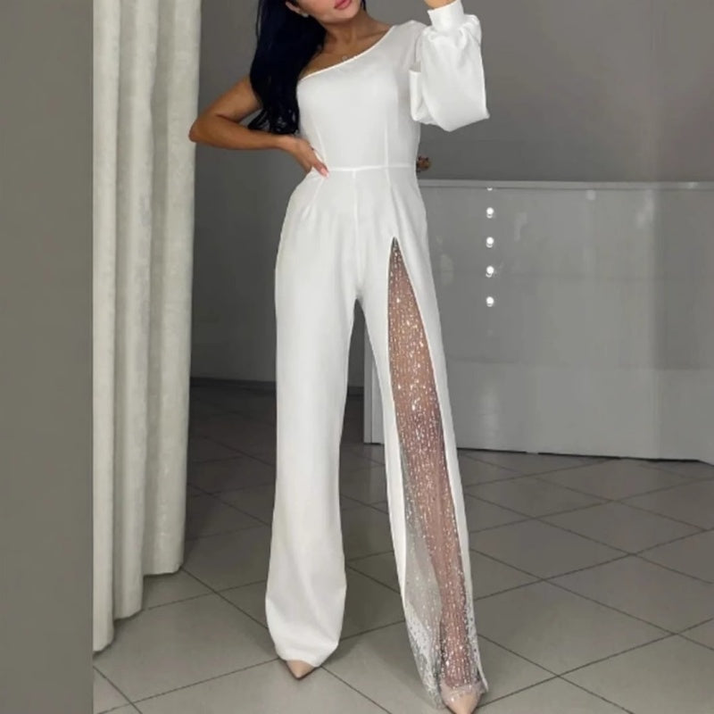 ✨👠Women's One Shoulder Glitter Mesh Flared🖤 Jumpsuit Fashion Party Essential, Sparkle and Shine, Capture Attention!