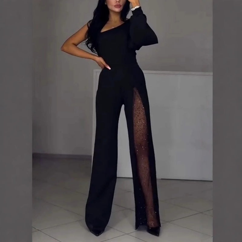 ✨👠Women's One Shoulder Glitter Mesh Flared🖤 Jumpsuit Fashion Party Essential, Sparkle and Shine, Capture Attention!