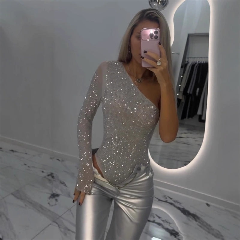 🎉👗Sommer-Schlussverkauf: 50% Rabatt 🛍️ Damestop met één schouder en lovertjes