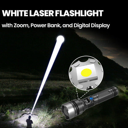 Weiße Laser-Taschenlampe mit Zoom, Powerbank und Digitalanzeige