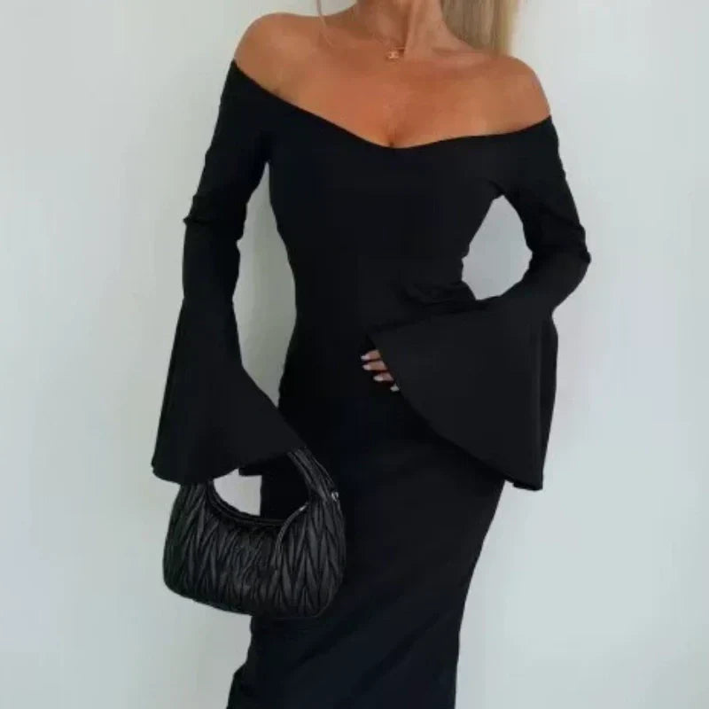 🌟Das Geschenk für Frauen im Jahr 2025🥻Schulterfreies Midikleid mit Glockenärmeln