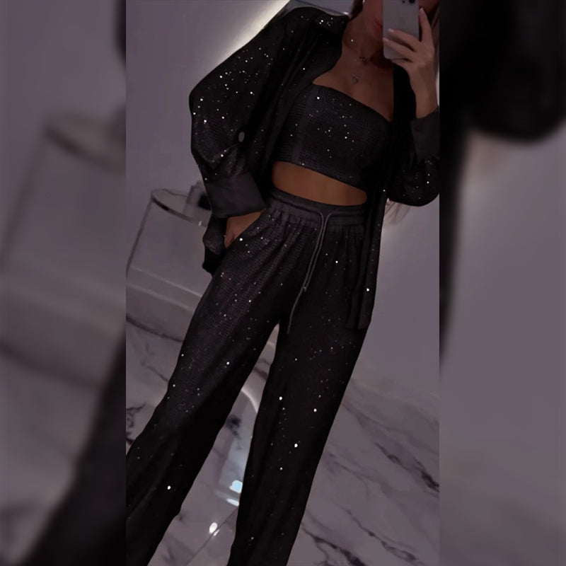 💕2025 HEISSER VERKAUF💐Paillettenblazer und weite Hose für Damen (3-teiliges Set)