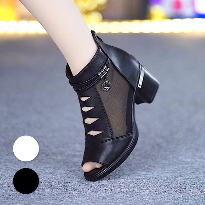 Sandalen für Damen, Stiefeletten aus weichem Leder mit mittlerem Absatz und Netzstoff