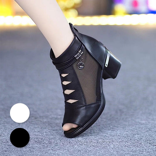 Sandalen für Damen, Stiefeletten aus weichem Leder mit mittlerem Absatz und Netzstoff