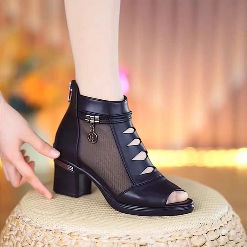 Sandalen für Damen, Stiefeletten aus weichem Leder mit mittlerem Absatz und Netzstoff