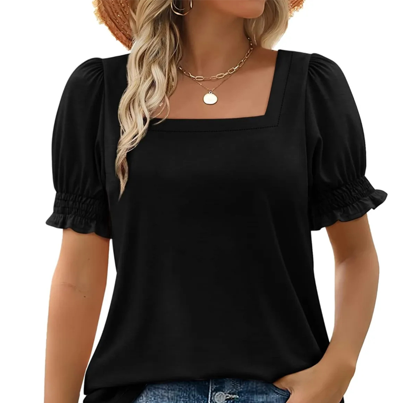 🍃Lässiges T-Shirt mit gesmokten Ärmeln und quadratischem Ausschnitt für Damen (BUY 2✈️ Kostenloser Versand)