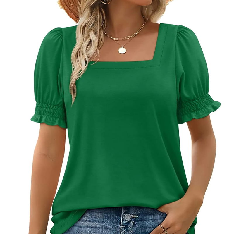 🍃Lässiges T-Shirt mit gesmokten Ärmeln und quadratischem Ausschnitt für Damen (BUY 2✈️ Kostenloser Versand)