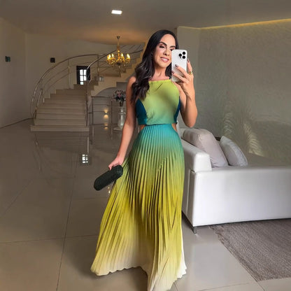 🌈Damen Neckholder-Plissee-Kleid mit Farbverlauf