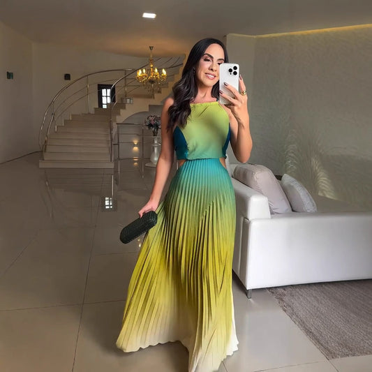 🌈Damen Neckholder-Plissee-Kleid mit Farbverlauf