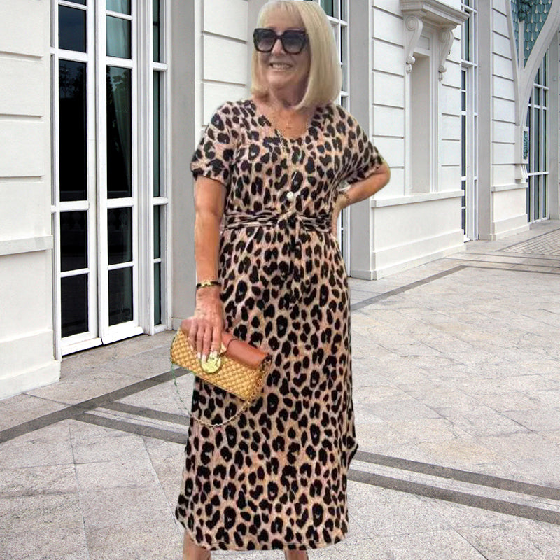 🔥Damenkleid mit Leopardenmuster und V-Ausschnitt– Verstellbarer Bund & 4 Jahreszeiten