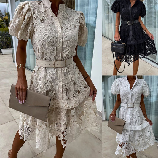 🌸👗Goddess Day Special Offer🎉 50% OFF! Women's Retro Short Sleeve Hollow Out Lace Dress - Elegante Spitze, Vintage-Charme, zeigen Sie Ihre einzigartige Attraktivität!