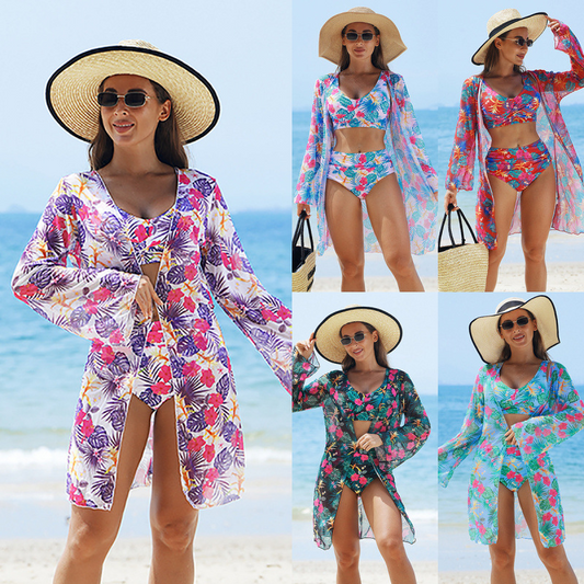 🏖️👙Modisches, mehrfarbig bedrucktes 3-teiliges Bikini-Badeanzug-Set für Damen