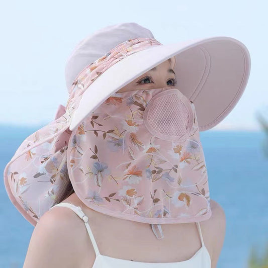 🔥Heißer Sommerschlussverkauf🌞Damen-Sonnenhut mit breiter Krempe und Gesichtsmaske👒
