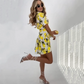 🍋Damen-Hemdblusenkleid mit Print, Hemdkragen, V-Ausschnitt und Bindeband