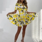 🍋Damen-Hemdblusenkleid mit Print, Hemdkragen, V-Ausschnitt und Bindeband