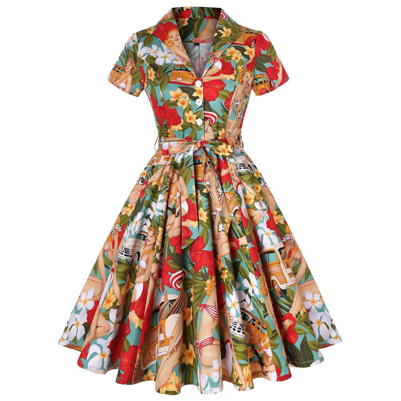 🍋Damen-Hemdblusenkleid mit Print, Hemdkragen, V-Ausschnitt und Bindeband