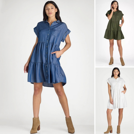 💕Damenkleid mit Revers und kurzen Ärmeln, plissiert, Button-Down