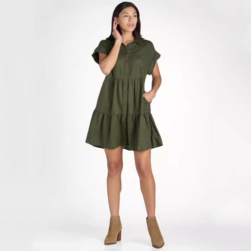 💕Damenkleid mit Revers und kurzen Ärmeln, plissiert, Button-Down