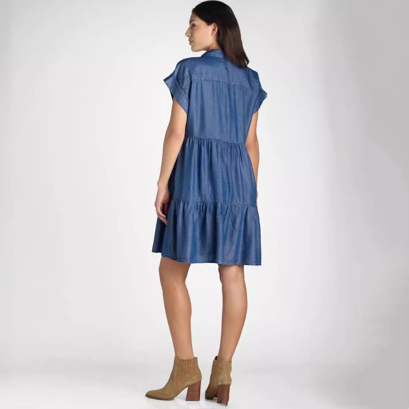 💕Damenkleid mit Revers und kurzen Ärmeln, plissiert, Button-Down