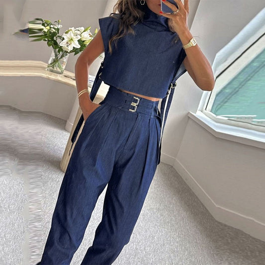 🫦Trendy Fashion Outfits für Damen mit kurzem Oberteil mit hohem Halsausschnitt und 3/4-langer Hose mit hoher Taille