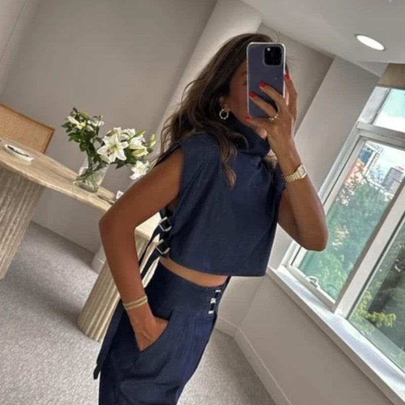 🫦Trendy Fashion Outfits für Damen mit kurzem Oberteil mit hohem Halsausschnitt und 3/4-langer Hose mit hoher Taille