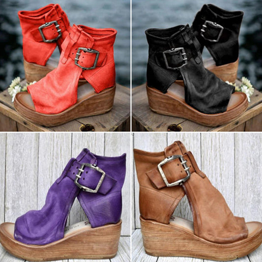 Peep-Toe Wedge Ankle Boots with Buckle