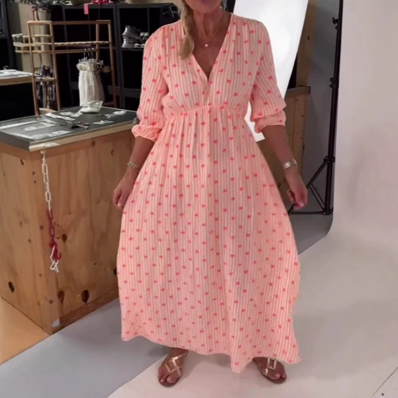 💖Gestreiftes Kurzarmkleid mit V-Ausschnitt und Herz-Print