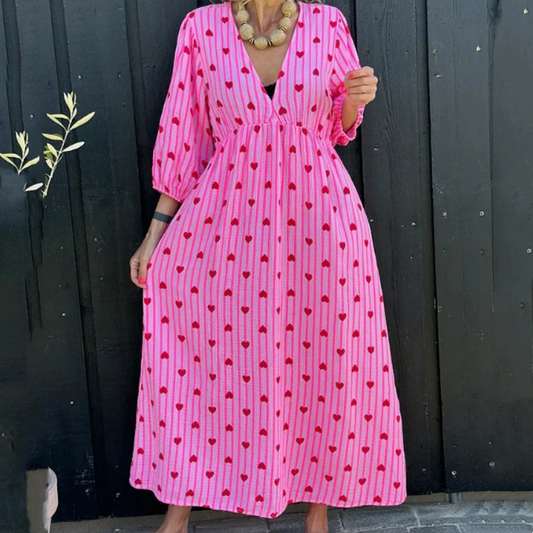 💖Gestreiftes Kurzarmkleid mit V-Ausschnitt und Herz-Print