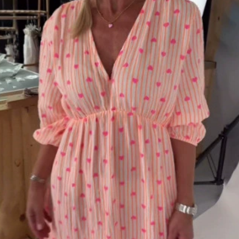 💖Gestreiftes Kurzarmkleid mit V-Ausschnitt und Herz-Print
