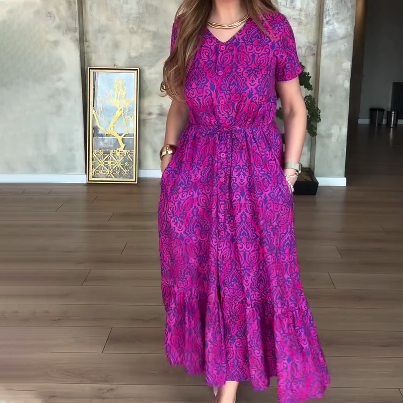 🎁Begrenzte Zeit 50% Rabatt⏳Gemustertes Damenkleid mit V-Ausschnitt