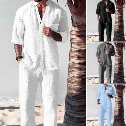 🌿💧Modischer Herren-Zweiteiler aus Baumwoll-Leinen: Oberteil & Hose