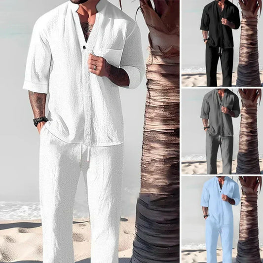 🌿💧Modischer Herren-Zweiteiler aus Baumwoll-Leinen: Oberteil & Hose