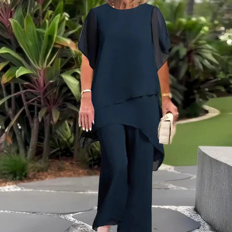 🌞Frühlingserwachen: 50% Rabatt!👗 Chiffon-Zweiteiler für Damen – Asymmetrisches Doppellagiges Top & Weite Hose – Atmungsaktiv & Elegant für Frühling & Urlaub