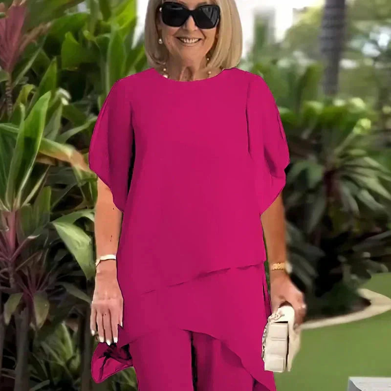 🌞Frühlingserwachen: 50% Rabatt!👗 Chiffon-Zweiteiler für Damen – Asymmetrisches Doppellagiges Top & Weite Hose – Atmungsaktiv & Elegant für Frühling & Urlaub