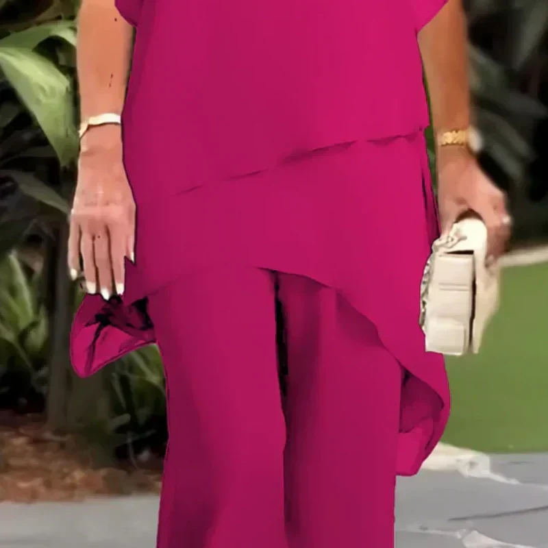 🌞Frühlingserwachen: 50% Rabatt!👗 Chiffon-Zweiteiler für Damen – Asymmetrisches Doppellagiges Top & Weite Hose – Atmungsaktiv & Elegant für Frühling & Urlaub