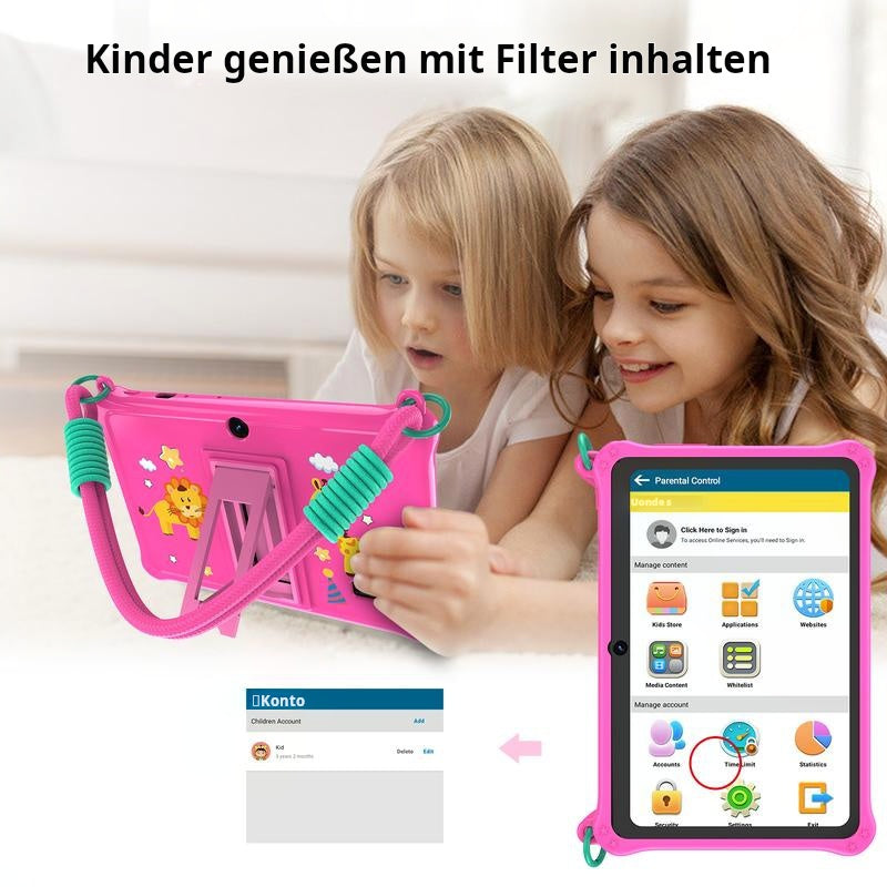 7-Zoll-Kinder-Tablet mit Android 13 OS, 4 GB RAM, 32 GB Speicher, Dual-Kamera, Silikonhülle, Bluetooth-kompatibel und WLAN-fähig, für lernende Kinder