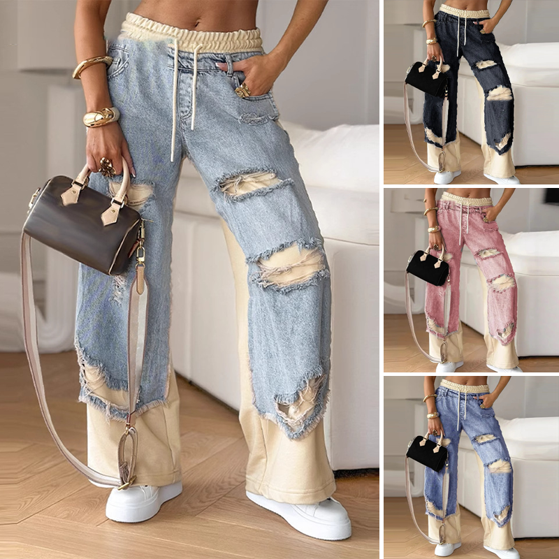 🍂 Frühherbst-Sonderaktion: 50 % Rabatt！⌛️Patchwork-Denim-Elastic-Kordelzug-Hose mit weitem Bein