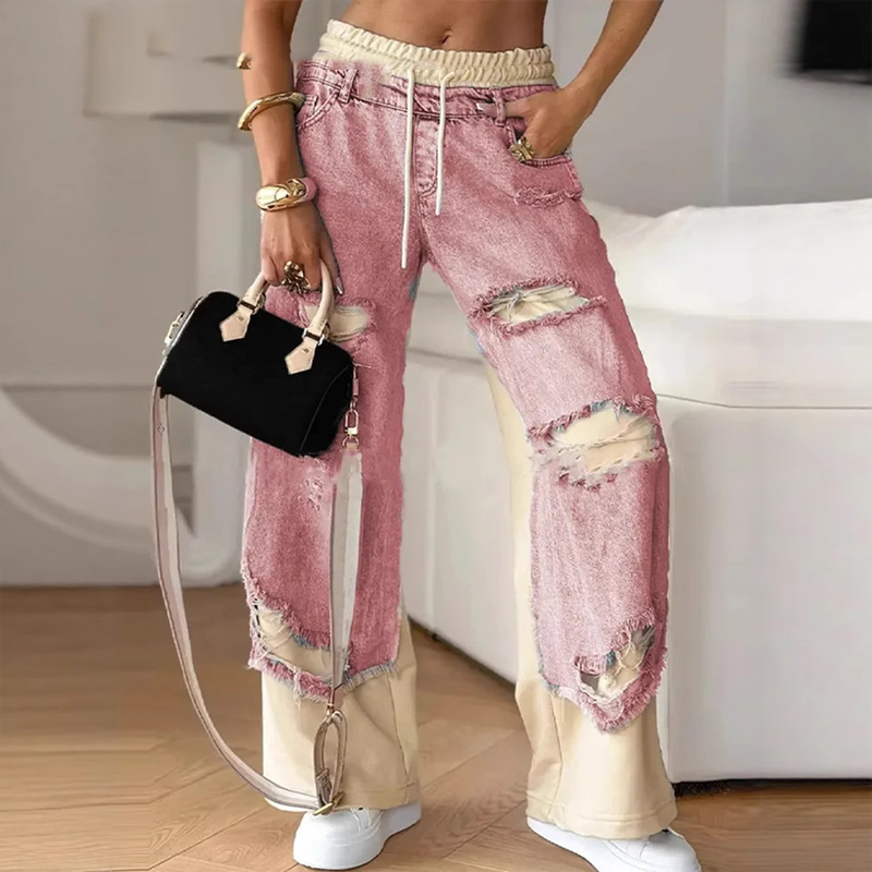 🍂 Frühherbst-Sonderaktion: 50 % Rabatt！⌛️Patchwork-Denim-Elastic-Kordelzug-Hose mit weitem Bein