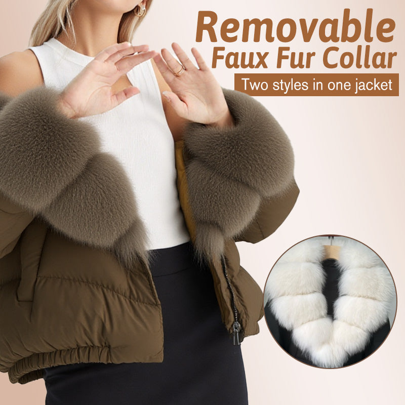 Damen kurze, modische und warme Jacke mit Kunstfellkragen