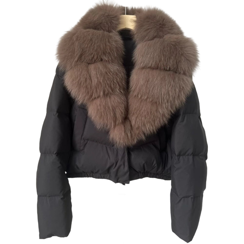 Damen kurze, modische und warme Jacke mit Kunstfellkragen