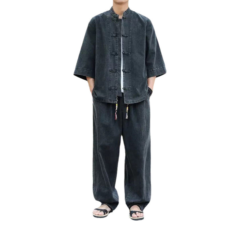 🔥Ensemble aus gewaschenem Jeanshemd und weit geschnittener Hose für Herren