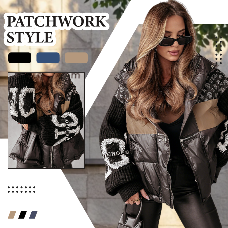 💖Damen Steppjacke mit Kapuze, Strickärmeln und Patchwork-Design