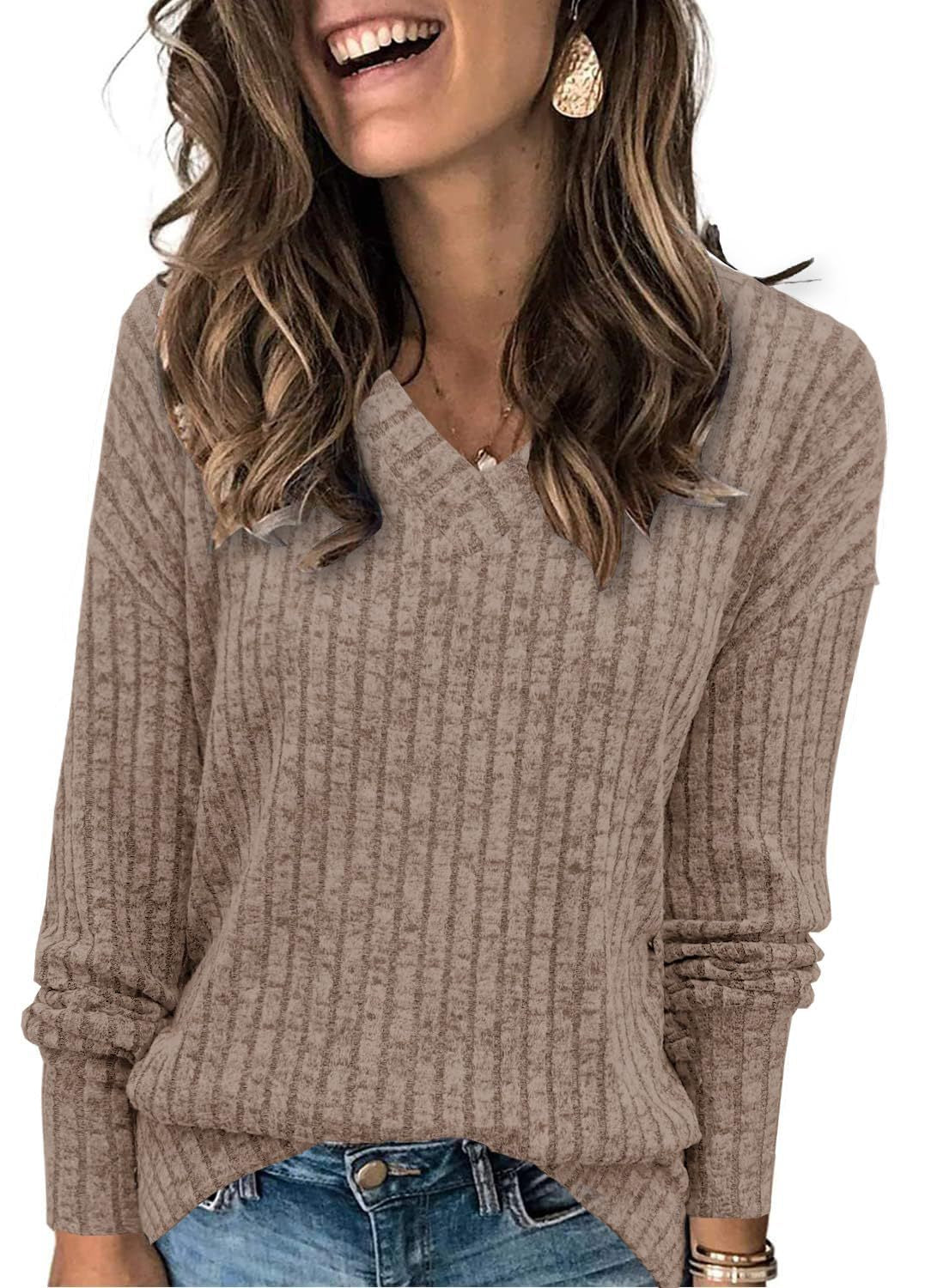 🔥Damen-Pullover mit V-Ausschnitt und langen Ärmeln in Uni-Farbe