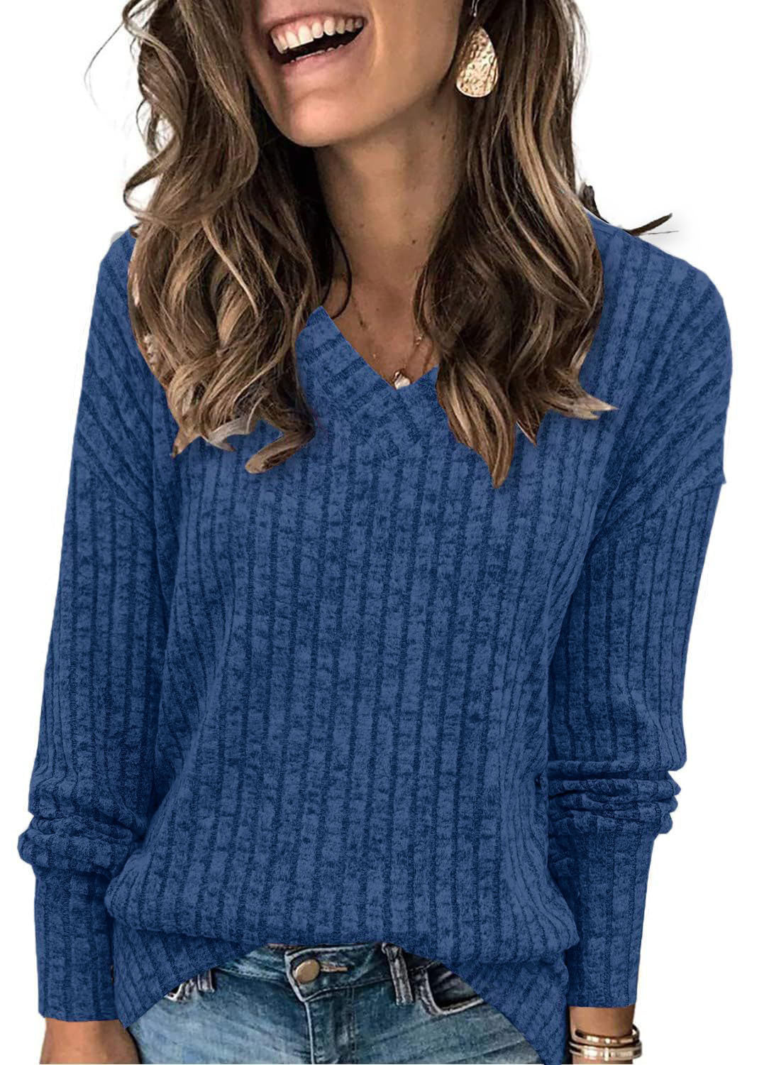 🔥Damen-Pullover mit V-Ausschnitt und langen Ärmeln in Uni-Farbe