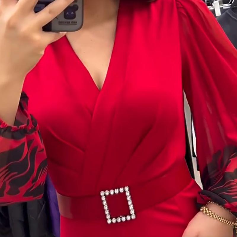 🍁Herbst-Neuankünfte 50% RABATT💃Elegantes Kleid mit V-Ausschnitt für Damen in Rot