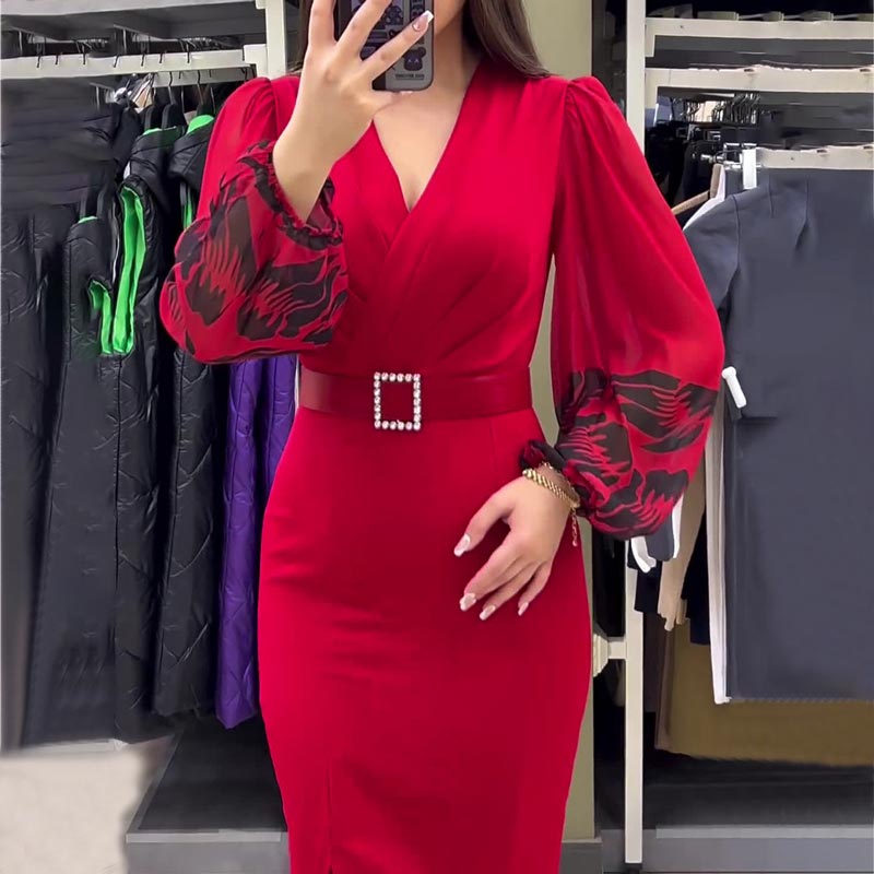 🍁Herbst-Neuankünfte 50% RABATT💃Elegantes Kleid mit V-Ausschnitt für Damen in Rot